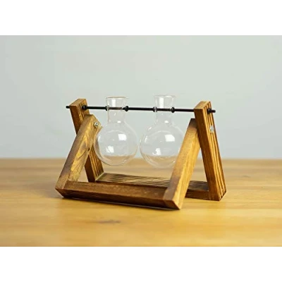 Image de Vase décoratif élégant « piston rond » Cadre en bois flammé avec deux ampoules verre soufflé à la bouche et transparent.