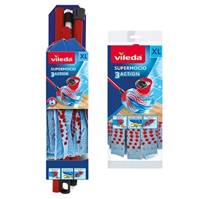 Image de Vileda SuperMocio 3Action XL Balai à Franges Compact avec tête supplémentaire de Rechange, pour Nettoyer Les sols, 1 et Recharge, 12 x 11 48 cm, Rouge/Bleu