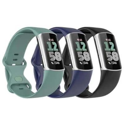 Image de Astorgos 3 Pièces Bracelet de Montre Compatible avec Fitbit Charge 6/Fitbit 5 pour Femme Homme, Remplacement en TPE Souple, Noir/Bleu Foncé/Vert Pin