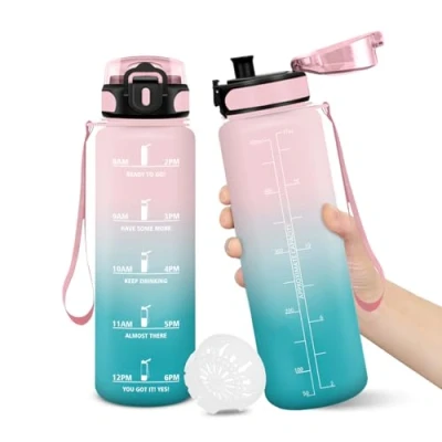 Image de Gourde, 500ML Sans BPA, Gourde sport, Conception de Verrouillage Anti Fuite, Bouteille, Avec Horodatage, Bouteille Eau pour École, Yoga, En cours d&#039;exécution, Escalader Des Montagnes RoseCyan