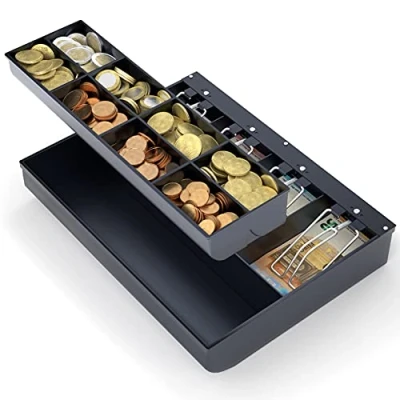 Image de ACROPAQ Plateau de tiroir caisse Compatible avec tous les tiroirs caisses 33 cm large, 4 compartiments à monnaie et 8 billets Noir