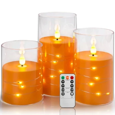 Image de Da by bougies à LED, Orange, piles, avec guirlande lumineuse intégrée, 3 sans flamme, fonction minuterie de 24 heures, flamme dansante, cire véritable