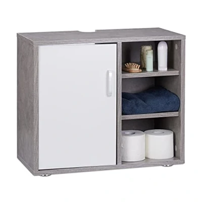 Image de Relaxdays, Gris Dessous de Lavabo 1 Porte Placard Salle bain 3 Étagères Meuble Sous Vasque WC SDB 51x60x32cm, HLP 51 x 60 32 cm