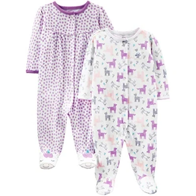 Image de Simple Joys by Carter&#039;s 2 Pack Cotton Snap Footed Sleep and Play Dormeuses Tout Petits, Blanc Licorne/Violet Points, 0 3 Mois (Lot de 2) Bébé Fille