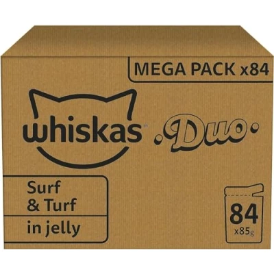 Image de WHISKAS Repas pour Chat 84 Sachets Fraîcheur de 85g Pâtée Adulte en Gelée Duo Terre &amp; Mer (4 Variétés) Nourriture Humide Complète Equilibrée, 84x85g
