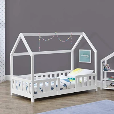 Image de Lit d&#039;Enfant Design Forme Maison Sisimiut Pin 140 x 70 cm Blanc Mat Laqué [en.casa]
