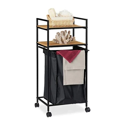 Image de relaxdays Etagère sur Roues pour Bain, 2 Supports, Meuble avec Sac lessive, en métal, Bambou HlP: 89,5 x 39 32,5 cm, Fer, Tissu, Noir/Nature, 1 élément