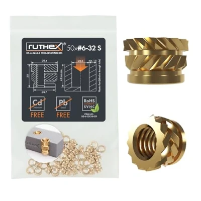 Image de ruthex #6 32 SHORT Insert fileté en pouces (UNC) 50 douilles filetées RX 6 x 3,8 laiton Écrou d&#039;insertion stable Utilisable par chaleur dans les pièces d&#039;impression 3D plastique