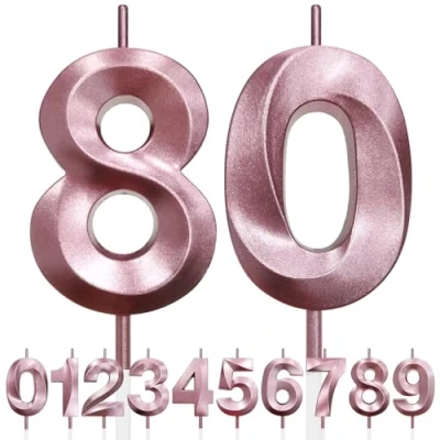 Image de 80th Bougie D&#039;anniversaire à Paillettes Or Rose au Design 3D, Bougies Numérotées pour 80e, Décorations de Dessus Gâteau, Gâteau Fête D&#039;anniversaire, Anniversaire Mariage