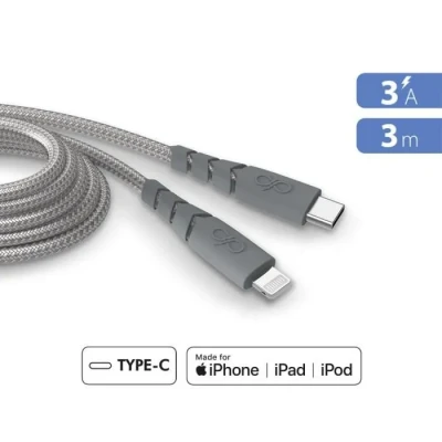 Image de Câble Ultra renforcé USB C/Lightning 3m 3A Garanti à vie Gris 100% Plastique recyclé Force Power Neuf