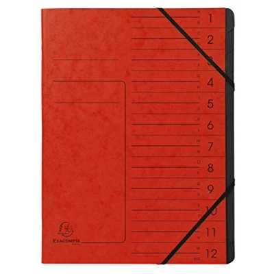 Image de Exacompta Réf. 541205E 1 trieur dos agrafé avec élastiques couverture imprimée en carte lustrée et intérieur recyclée noire 12 compartiments dim 24,5x 32 cm A4 couleur rouge