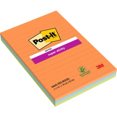 Image de Notes Post it Super Sticky, Couleurs Boost, lignées, 101mm x152mm, 45feuilles/bloc, 3blocs/paquet