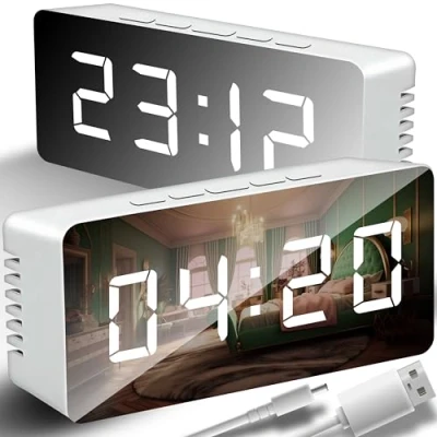 Image de Retoo Réveil numérique LED Portable avec Miroir et luminosité réglable de Voyage Double Alarme Affichage la température Rechargeable par USB Fonctionne Piles