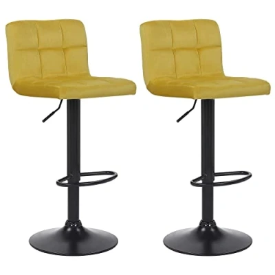 Image de CLP Lot De 2 Tabourets Bar Feni en Velours I Assise Rembourrée Piètement Métal Noir Repose Pieds Pivotant Hauteur Réglable, Couleur:Jaune