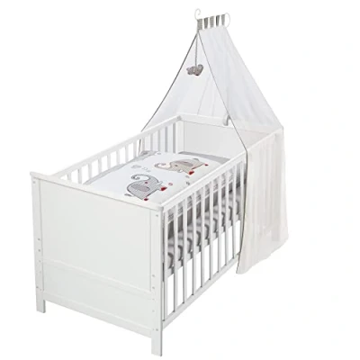 Image de roba Lit Bébé Évolutif Complet Jumbotwins 70 x 140 cm Réglable en Hauteur et Convertible Équipement Textile : Matelas + Ciel Linge Bois Blanc