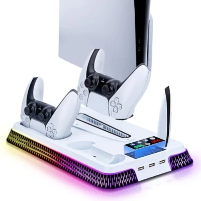 Image de Wigearss PS5/PS5 Slim/PS5 Pro Ventilateur Station de Refroidissement, Support Charge Vertical avec Chargeur Double pour Manettes, Lumière LED et 3 Hubs USB