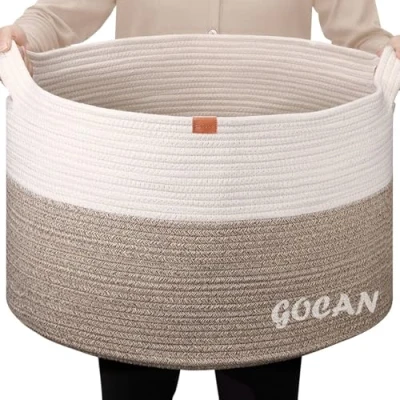 Image de GOCAN XXXL panier a linge rangement D55XH35cm garni pour salle avec Poignées Jouets Oreillers Salon gris blanc rond jute