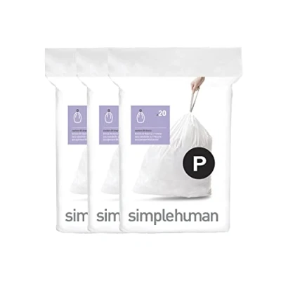 Image de simplehuman CW0263 code P, sacs poubelle sur mesure, 3 x paquet de 20 (60 sacs), plastique blanc