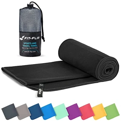Image de Fit Flip Serviette Microfibre Sport Musculation Piscine compacte, Ultra légère et Rapidement sèche de Bain partaite (70x140cm Noir)