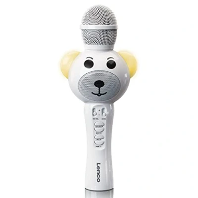 Image de Lenco BMC 060 Microphone karaoké pour Enfants Bluetooth V5.0 avec Support Smartphone 5 W RMS Effets Lumineux LED Batterie intégrée 1200 mAh Android et iOS Blanc
