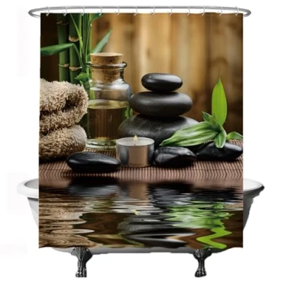 Image de Ulticool Rideau de Douche Zen Spa Méditation Rust Nature 180 x 200 cm Lavable Anti moisissure avec 12 Anneaux Vert Beige Noir