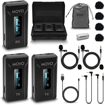 Image de Movo WMX 2 DUO Double système de Microphone Lavalier sans Fil avec étui Chargement, micros intégrés, à Pince, Batterie 7HR, portée 328&#039;, Gain réglable, écran LED Appareil Photo, vidéo
