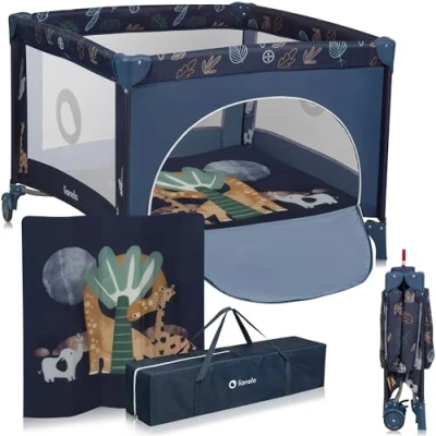 Image de LIONELO BONNIE Parc Bébé jusqu&#039;à 15 kg, de la Naissance à 36 mois, Accès Latéral Zippé, Filets Latéraux Aérés, Pliage Rapide, Roues Freinées, Sac Transport (Blue)