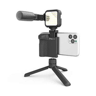 Image de DigiPower Kit de 4 pièces DPS VLG4 poignée d&#039;appareil Photo, lumière vidéo LED, Microphone Universel et Mini trépied Compatible avec téléphones Portables