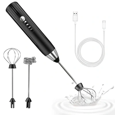Image de Mousseur à Lait Électrique，Mousseur de Rechargeable USB et Mini Fouet Electrique avec Dual Tête, Mélangeur Acier Inoxydable pour Café, Café au Lait, Cappuccino(Noir)