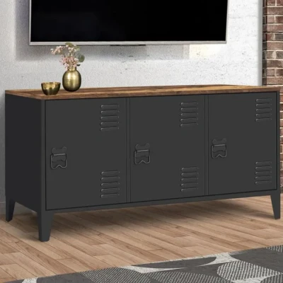 Image de Buffet bas 113 cm ESTER 3 portes métal noir plateau bois foncé effet vieilli HAWKINS design industriel