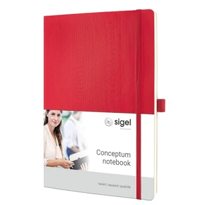Image de SIGEL CO314 Carnet de notes premium à petits carreaux, A4, couverture souple, certifié PEFC, rouge Conceptum