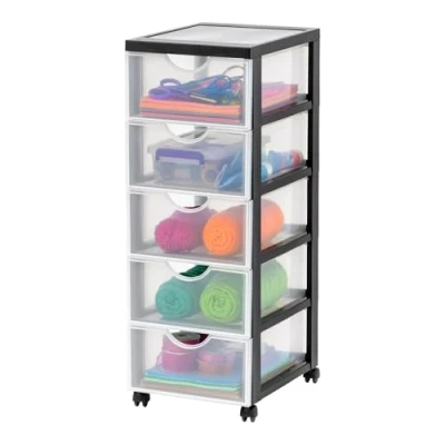 Image de Iris Ohyama, Tour de rangement à Roulettes en Plastique, 5 Grands Tiroirs, Noir, Ouverture Facile, Meuble Rangement, Papeterie, pour Chambre, Salle Bain, École &amp; Bureau, Sans BPA, DDDC 305