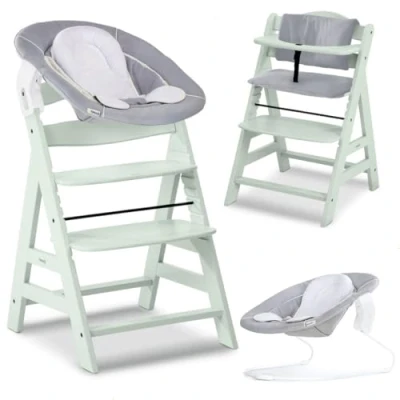 Image de hauck Alpha Plus Newborn Lot de 2 chaises hautes, avec Bouncer en 1, bois, évolutive, pour bébé, dès la naissance, coussin d&#039;assise et nouveau né Menthe