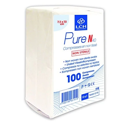 Image de LCH Compresses Pure N Non Tissé Stériles Douces au Toucher Ne se Déforment pas N’adhérent à la Peau Compatible avec toutes les Solutions Antiseptiques