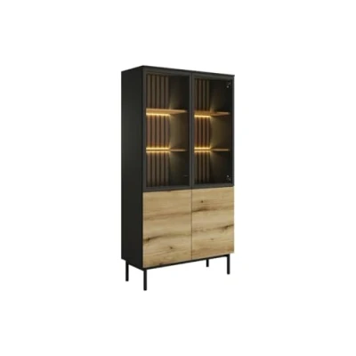 Image de Vente unique Vitrine 4 Portes avec LEDs Naturel et Noir LABENIA