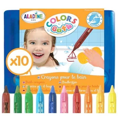 Image de Aladine Colors Bath 10 Crayons Bain Feutres de Effaçables Pour Dessiner &amp; Écrire Avec Mallette Rangement Faciles à Nettoyer Jeu Enfant 3 ans 42032