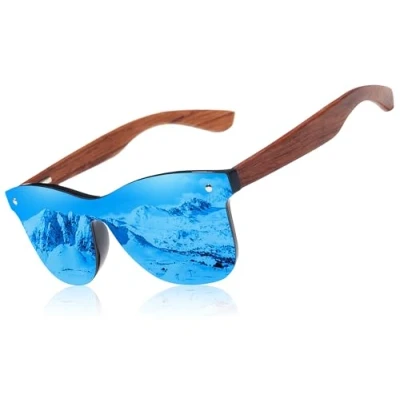 Image de KINGSEVEN Lunettes De Soleil En Bois pour Homme Et Femme I Polarisées Mixtes avec Monture Noyer Protection Uv400 Verres Miroir À La Mode Sans Cadre 5504 Bleu