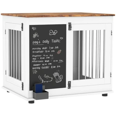 Image de PawHut Cage pour Chien, Chien intérieur, avec 3 Portes, Tableau Noir, Double Fonction, Chiens Taille Moyenne jusqu&#039;à 20 kg, 80 x 60 70 cm, Blanc