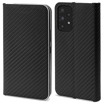 Image de Moozy Étui Portefeuille pour Samsung A33 5G, Noir Carbone à Rabat avec Bordure Métallique, Fermeture Magnétique, Flip Cover Porte Cartes et Fonction Béquille Neuf