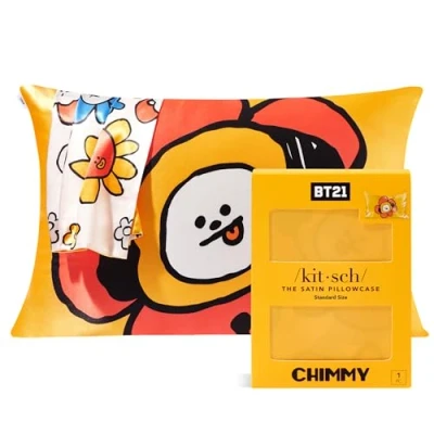 Image de BT21 Taie d&#039;oreiller en Satin Kitsch avec Fermeture éclair, Plus Douce Que la Soie de mûrier Taille Standard, pour Cheveux, santé Peau et beauté du Sommeil, 48,3 x 66 cm, Chimmy