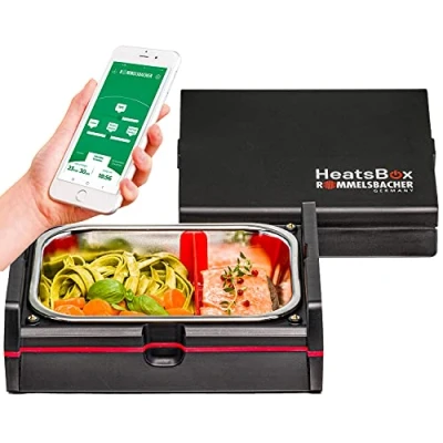 Image de Rommelsbacher HB 100 Boîte à déjeuner chauffante, pour chauffer les aliments, départ différé, bol en acier inoxydable (925 ml), couvercle de transport, contrôlable par application et manuel, W,