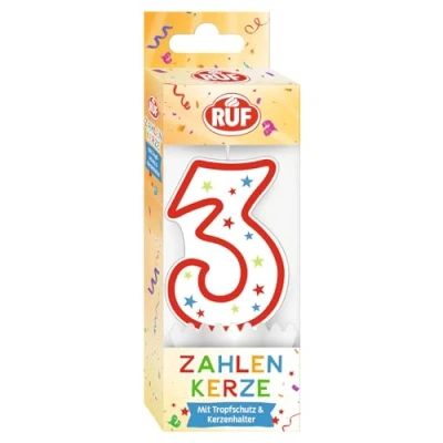 Image de RUF Bougie d&#039;anniversaire numéro 3 Rouge avec étoiles multicolores de qualité supérieure protection anti goutte, idéale comme décoration gâteau, 1 pièce