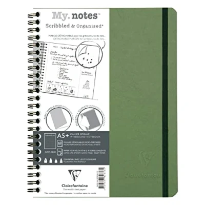 Image de Clairefontaine 782333C Collection Age Bag Un Carnet à Spirale Marges Détachables MyNotes Vert A5+ 16x21 cm 120 Pages DOT Papier Blanc 90 g Couverture Carte Lustrée Grain Cuir