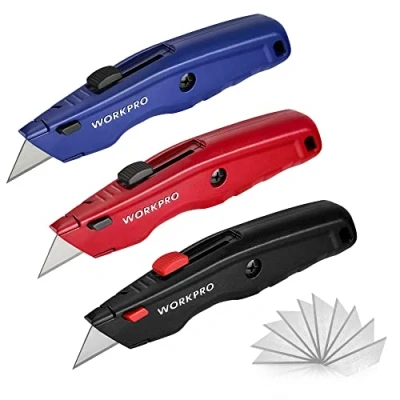 Image de WORKPRO Cutter Universel avec Mécanisme de Changement Rapide, Professionnel 4 Positions Réglables et 10 Lames Rechange en SK5, à Moquette Manche Aluminium Antidérapant