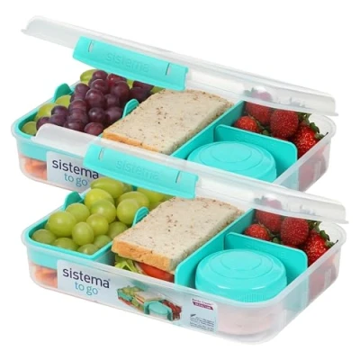 Image de Boîte à bento Sistema TO GO Création 1,48 L Boîtes repas pour l’école compartimentées avec pot en cas Sans BPA 2 unités Vert menthe, Sarcelle