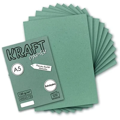 Image de Lot de 50 feuilles PAPIER kraft vintage vert eucalyptus Format A5 120 g/m² recyclé 21 x 14,8 cm Feuille écologique à lettre NEUSER