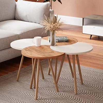 Image de [en.casa] Set de 4 Tables Basses Emboîtables d&#039;Appoint pour Salon Chambre Panneau Particules Bois Hêtre 48 x 77 cm Blanc Effet Naturel