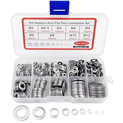 Image de Fousenuk 684 pièces Rondelles Metal Inoxydable, pour Gonds de Porte, Joint Plat, Blocage Cuvette Autobloquante, avec 1 Boîte D&#039;Assortiment, 9 tailles M2 M2.5 M3 M4 M5 M6 M8 M10 M12