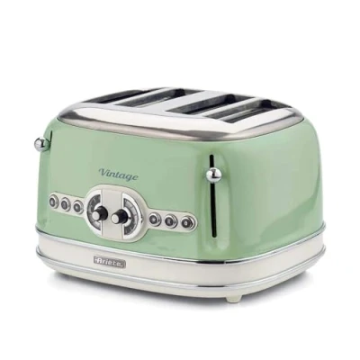 Image de Ariete Vintage 4 Slices Toaster 156, Grille Pain avec 6 Niveaux de Grillage, Éjection Automatique, Fonction Décongélation, Tiroir Ramasse Miettes Amovible, Corps en Acier Inoxydable, 1600W, Vert