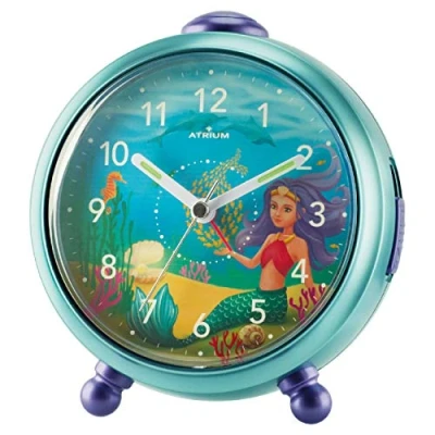 Image de ATRIUM A932 13 Réveil pour enfant orné de la sirène Nelly Bleu sans tic tac avec fonction rappel sonnerie, lumière, affichage analogique et mouvement à quartz